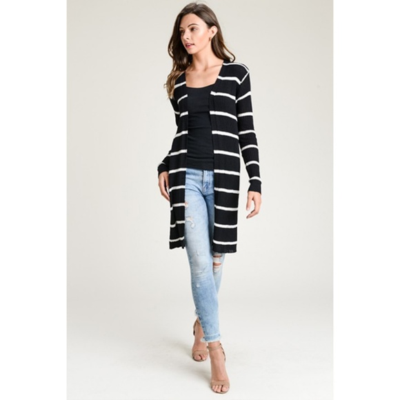 Doe&Rae Black Stripes Knit Open Front Cardigan - Picture 3 of 7